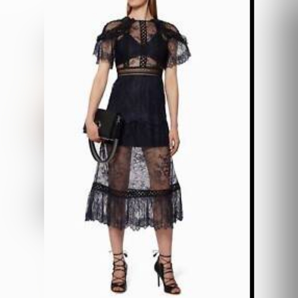 chinese dress ladies Blue Fine Lace Midi Dress  self-portrait